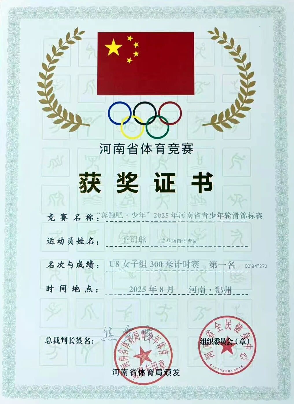 热烈祝贺驻马店第二实验小学王玥琳同学在河南省青少年轮滑锦标赛中斩获佳绩！